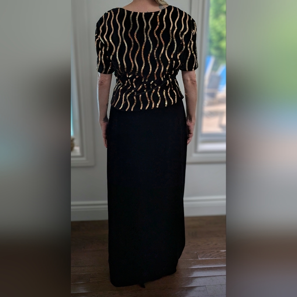 Vintage Velvet Black and Gold Sequin Dress -- Skirt Set Vintage Size 14 - Picture 5 of 11